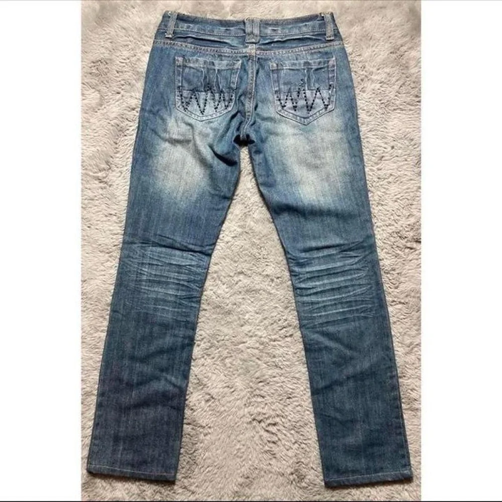 Y2k I.P.Z low rise dark wash bootcut jeans with black rhinestones
